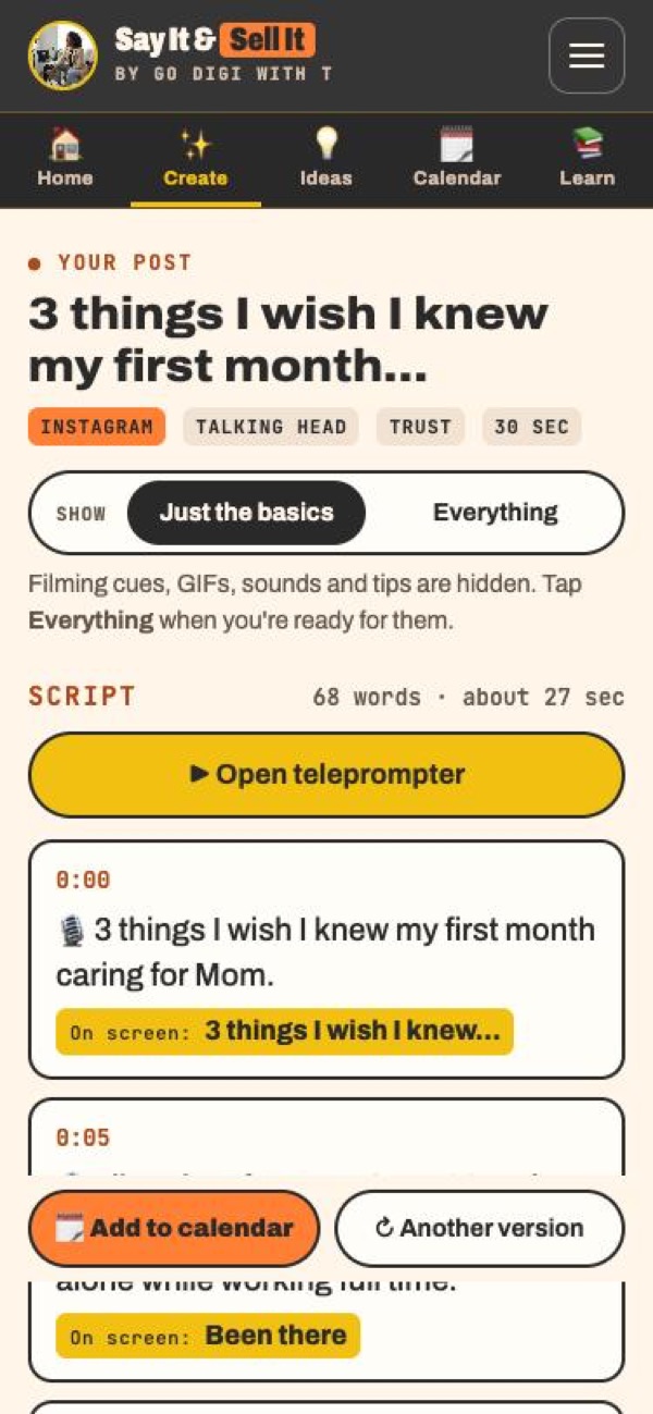 A finished post in the app with a word-for-word script